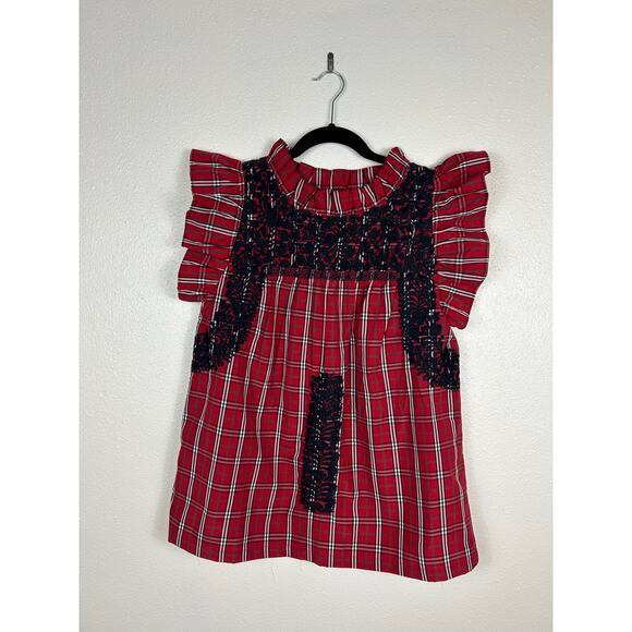 J. Marie Rayna Embroidered Ruffle Plaid Top Small Red Cottage Preppy - Picture 4 of 9